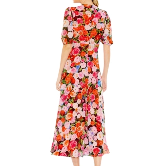 Ieena Mac Duggal Multicolor Floral Print Front Tie Puff Sleeve Flowy Midi dress - Picture 4 of 8